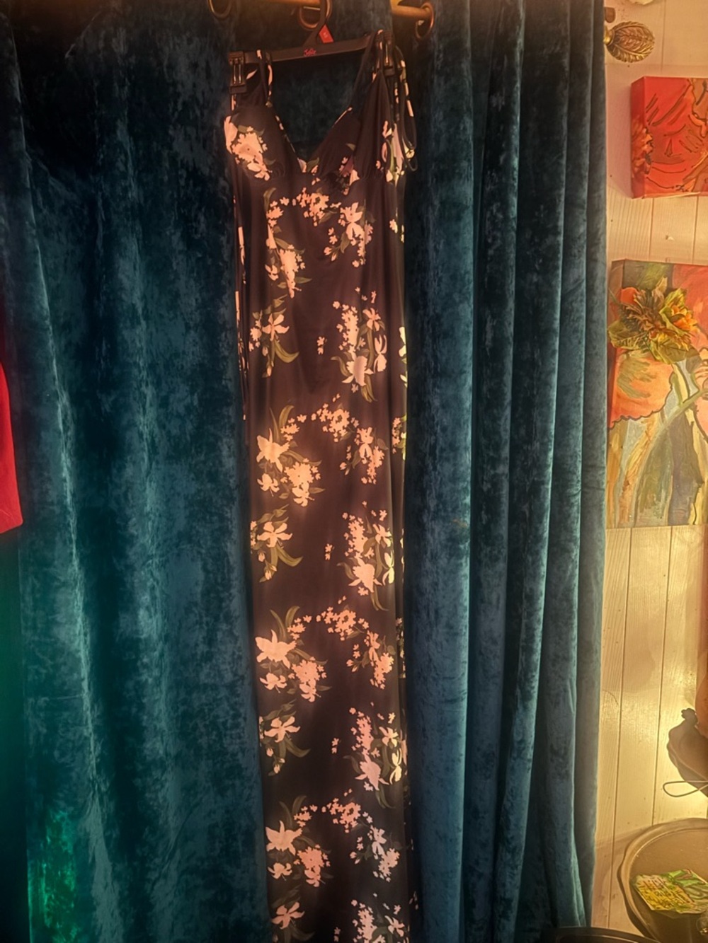 Black Floral Maxi Dress with Pink Blossoms